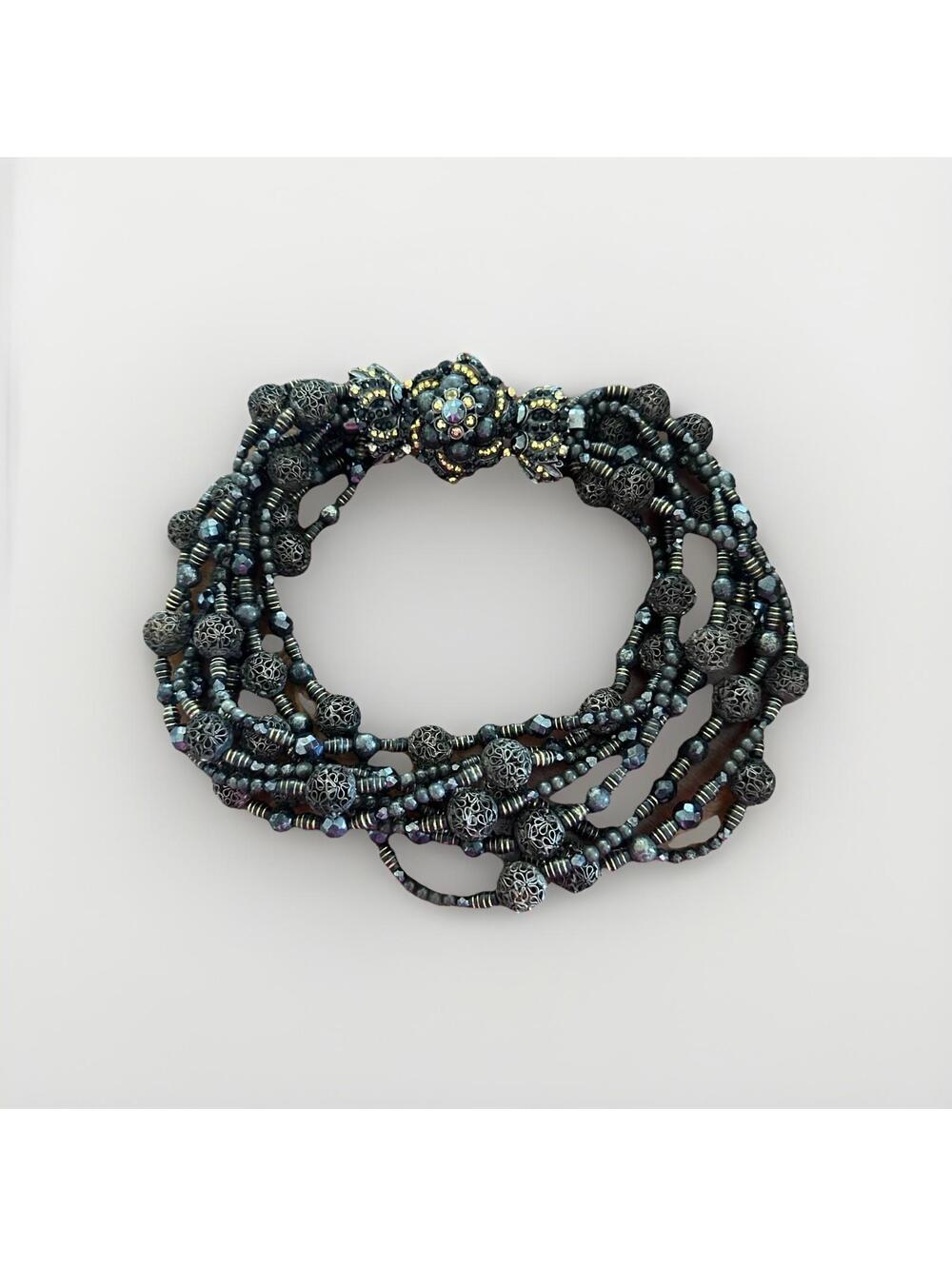 Barrera Signed Vintage Multi-Strand Beaded Necklace Black Gold Medallion 18" L
